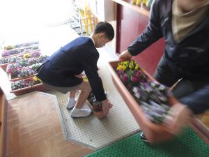 プランターを運ぶ5年生