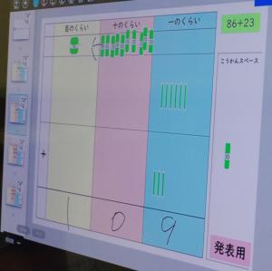 10月2日：河内小学校とのオンライン合同学習（算数）では、足し算（2桁）の百の位に繰り上がりのある筆算をしました。昨日の学習を生かし、画面上で数え棒やお金を動かしながら、計算方法を考え発表しました。